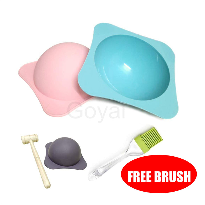 Round Pinata Mould, Wooden Hammer + Free Silicon Oil Basting Flat Pastry Brush, Circular, Dome Shaped Fondant, Flexible Silicone Mold-Pcs-Random Colour)