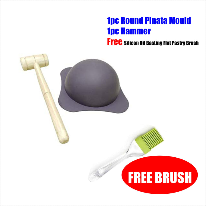 Round Pinata Mould, Wooden Hammer + Free Silicon Oil Basting Flat Pastry Brush, Circular, Dome Shaped Fondant, Flexible Silicone Mold-Pcs-Random Colour)