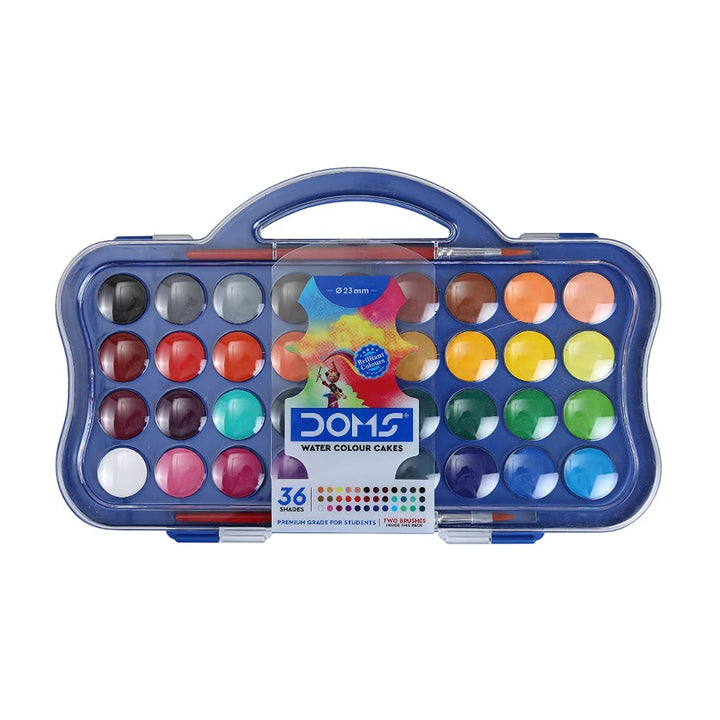 Doms 36 Shades 30mm Water Colour Cakes | Easy To Use Palette Lid | Organic Rich Colour Pigments | Free 2 x Brush Inside