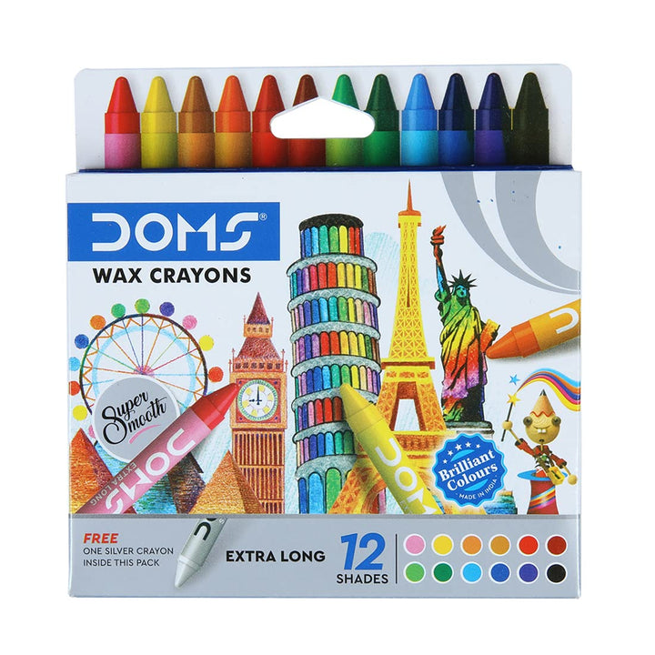 Doms Non-Toxic Extra Long Wax Crayon Set in Cardboard Box I 12 Assorted Shades