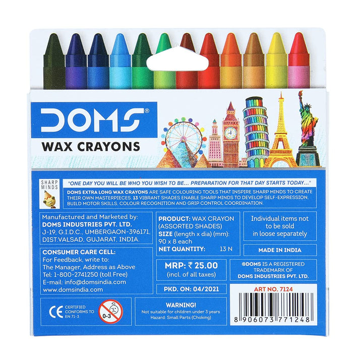 Doms Non-Toxic Extra Long Wax Crayon Set in Cardboard Box I 12 Assorted Shades