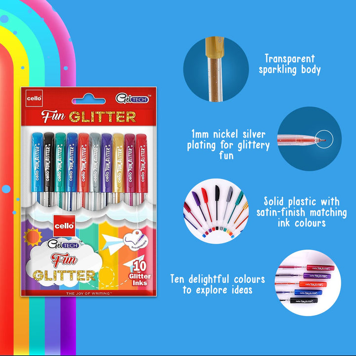 Cello Geltech Fun Glitter Gel Pen - Pack Of 10 - Multicolor