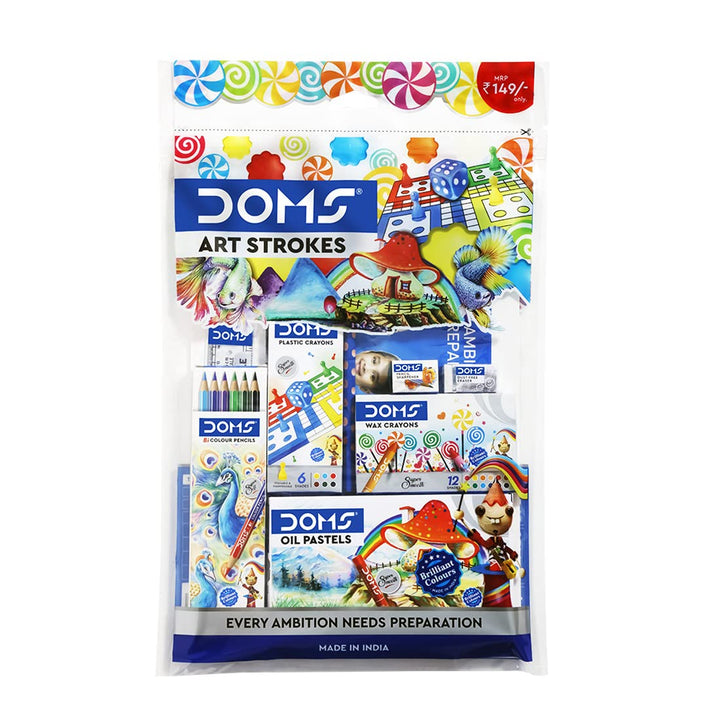 Doms Art Strokes Kit | Perfect Value Pack | Kit for Creative Minds | Gifting Range for Kids | Combination of 10 Stationery Items | Pack of 1