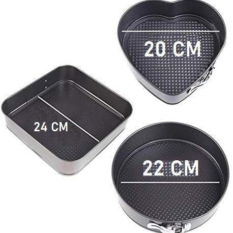 Teflon Coated Spring Form Heart, Round, And Square Shape Cake Moulds For Baking Non-Stick Cake Tins/Pan/Trays For Oven, And Cooker With Removable Base